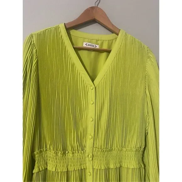 Nanette Lepore Women’s Size 14 Long Sleeve Pleated Button Up Dress Green - Picture 6 of 16